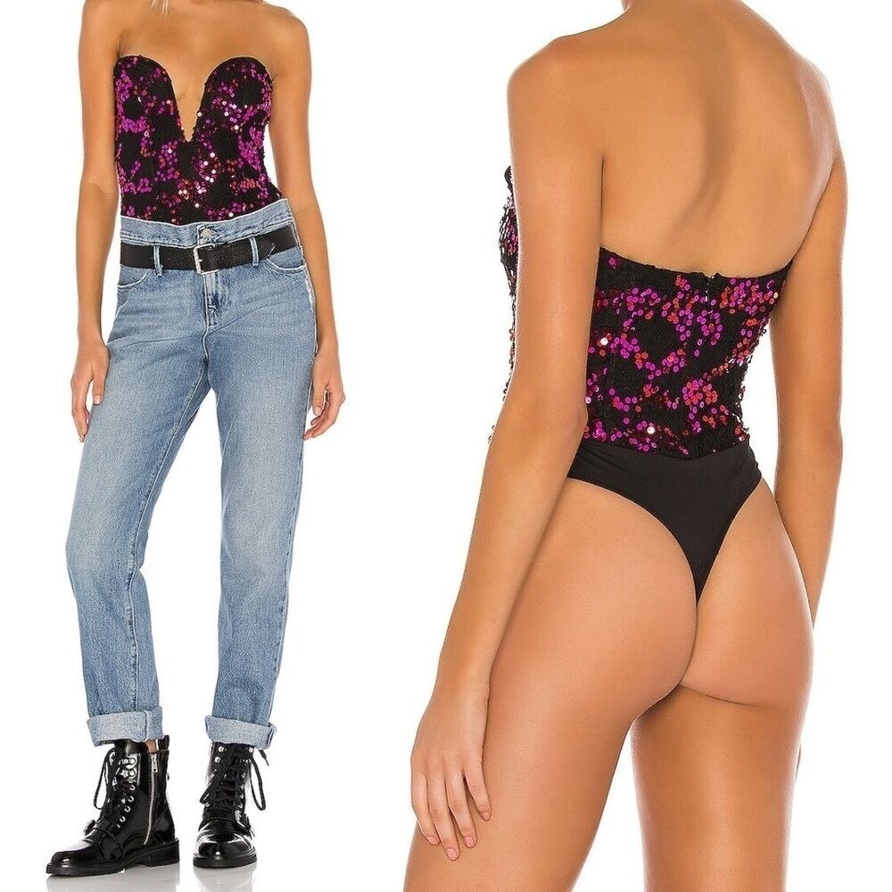 h:ours Revolve Felly Sequin Bodysuit Womens M Fuschia Plunging Party Festival